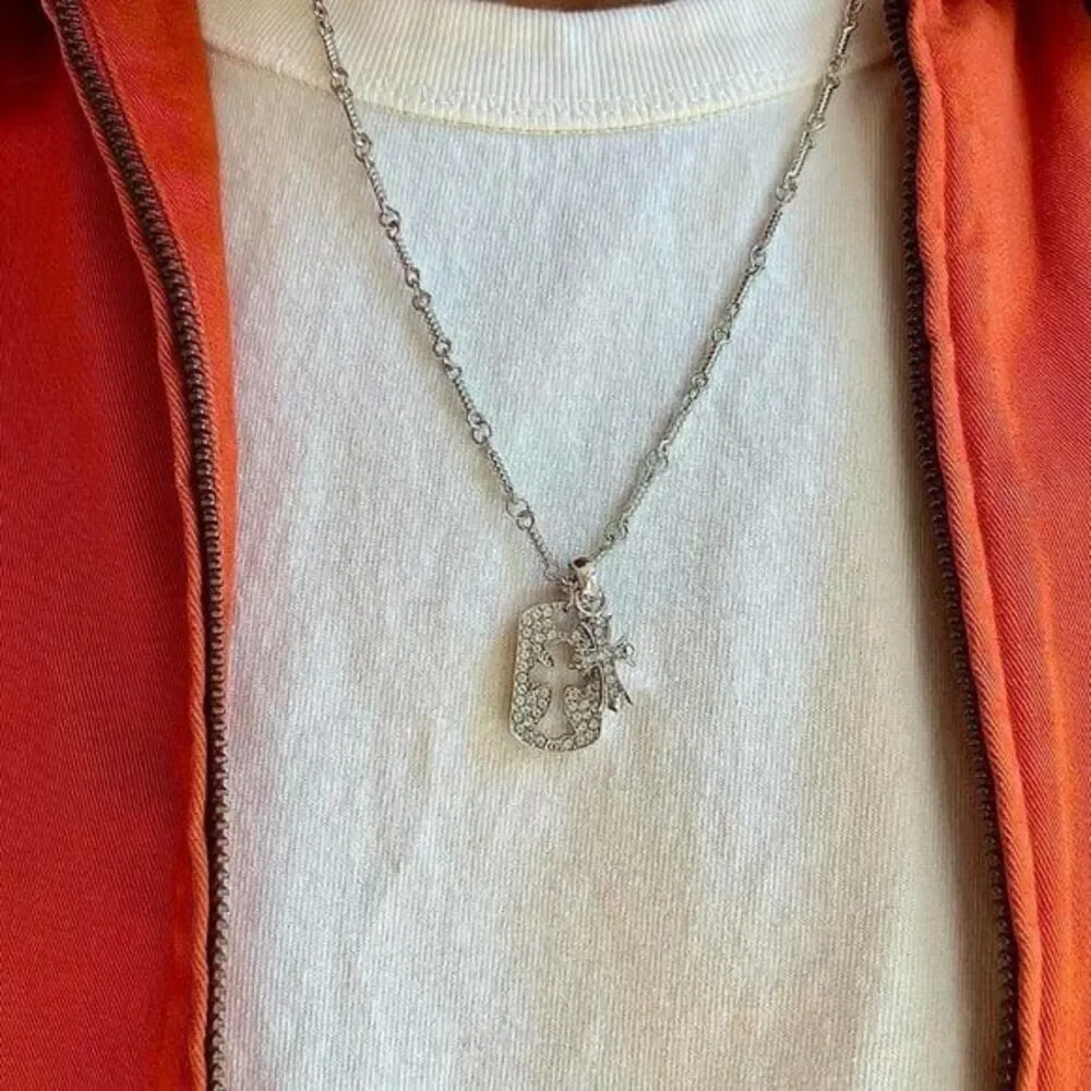 y2k grunge rhinestone silver cross dog tag style pendant necklace